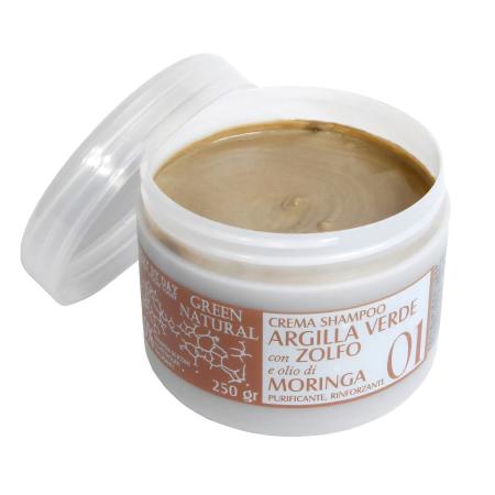 Крем-шампунь із зеленою глиною, цинком та олією моринги Alan Jey Green Natural Crema Shampoo Argilla Verde Con Zolfo E Olio DI Moringa
